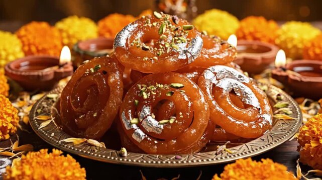 Golden Jalebi On Ornate Brass Platter, Glistening Syrup And Pistachio Garnish, Silver Leaf Flakes, Surrounded By Marigold Flowers And Lit Diyas, Warm Diwali Celebration Mood, CloseUp Texture.