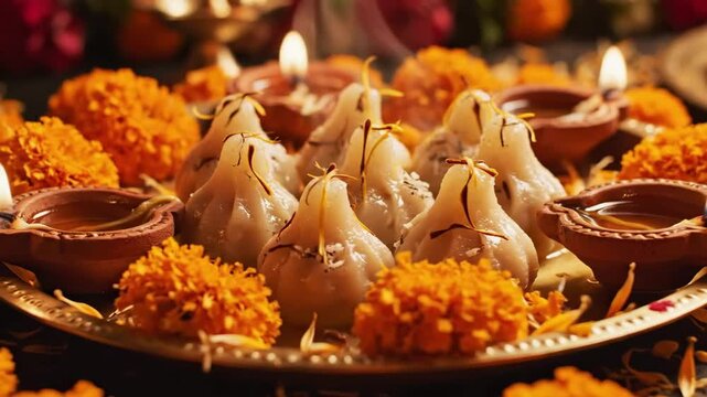 Market Modak Platter Under Festive Lamps, Clay Diyas Flickering Among Marigold Garlands, Vendor Preparing Fresh Sweets At Bustling Street Stall, Communal Offering Energy, Rich Orange Tones And Steam.