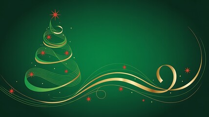 Digital illustration Elegant Christmas tree with golden ribbons and red stars on vibrant green background for holiday greetings and festive designs