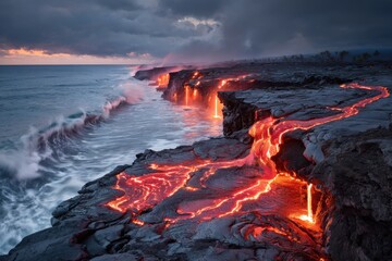 Fototapeta premium Fiery lava flows dramatically meet the ocean, sending up clouds of steam as the sun sets. The vibrant colors illuminate the rocky landscape, showcasing nature's power