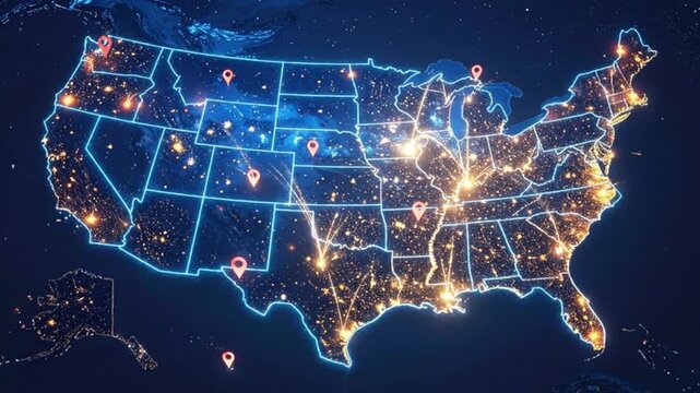 Digital rendering of the United States map with glowing city lights and location pins.