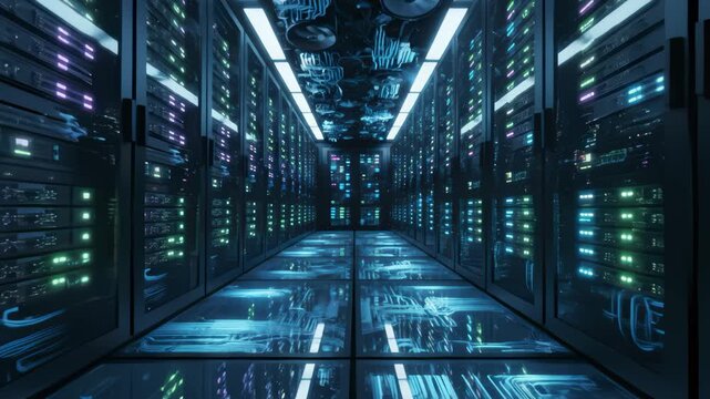 Servers Rows Motion in Data Center With Cables and Bright Lights