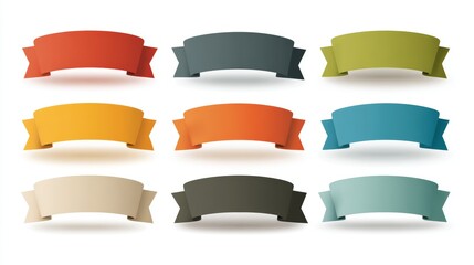 A collection of ten colorful banners in various shapes and sizes. The banners are displayed in a grid format, showcasing a range of vibrant colors.