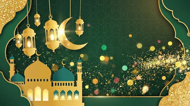 Traditional islamic architecture with mosque domes lanterns and golden moon with sparkling glitter particles on green decorative for ramadan kareem and eid mubarak
