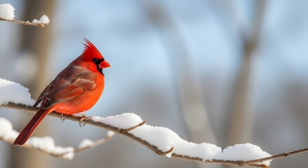 Vibrant red cardinal perched on snowy branch in winter