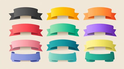 A collection of colorful banners in various shapes and sizes. The banners are arranged in rows, showcasing a range of vibrant colors including red, blue, green, and yellow.