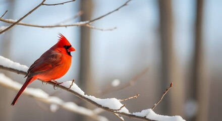 Vibrant red cardinal perched on snowy branch in winter forest