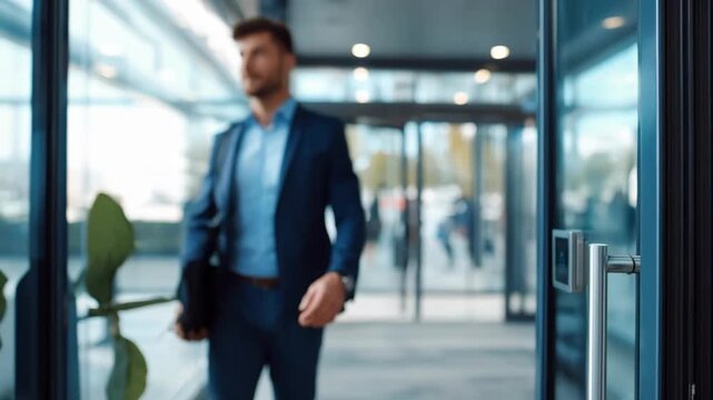 Security guard visually inspecting a controlled access vestibule with transparent partitions and advanced card reader equipment the background intentionally out of focus.