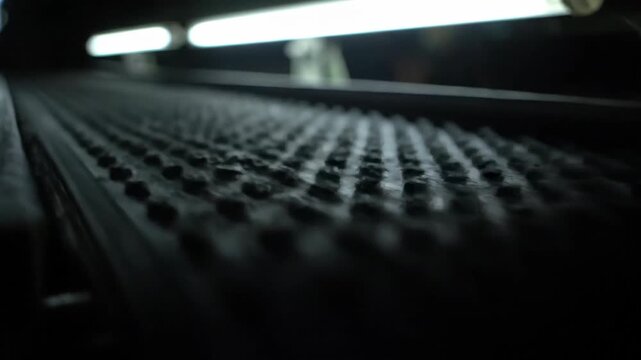 Dark conveyor belt transporting small black objects under fluorescent lighting for industry or manufacturing.