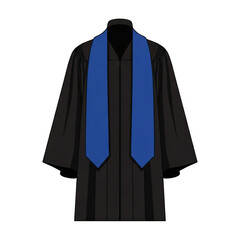 A black graduation gown with a blue sash on a white background in white background.