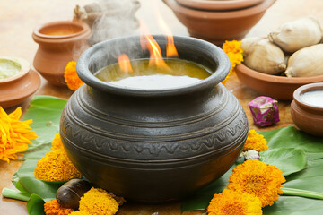 Traditional pot with fire and steam, surrounded by marigold flowers and clay pots, creating warm festive atmosphere with natural elements and cultural significance
