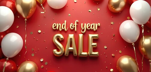 Golden balloons and confetti on red background celebrate end of year sale event. Festive atmosphere with discount offer and big savings promotion for shoppers seeking deals and holiday bargains.