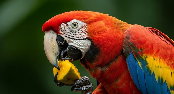 Scarlet Macaw Parrot Eating a Piece of Mango bird tropical