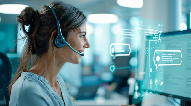 Smiling Customer Service Representative with Headset in Modern Office Environment