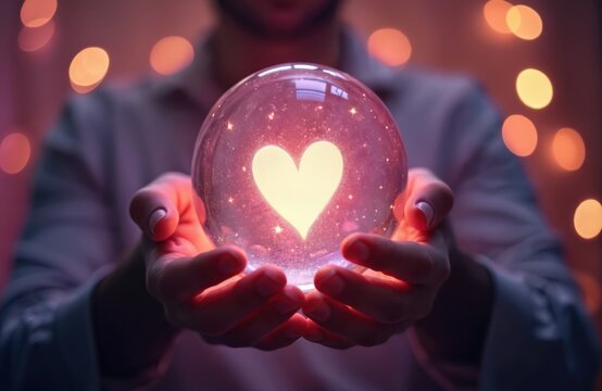 Person holds glowing crystal ball with heart inside. Fortune teller gazes into future. Love prediction, destiny, romance, or relationship forecast visualized.