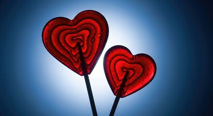 Two Red Heart-Shaped Lollipops on Sticks Against a Blue Background with Light Glow