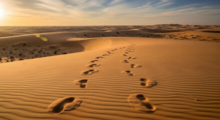 Serene Desert Landscape with Footprints Leading into Sunset Over Sand Dunes