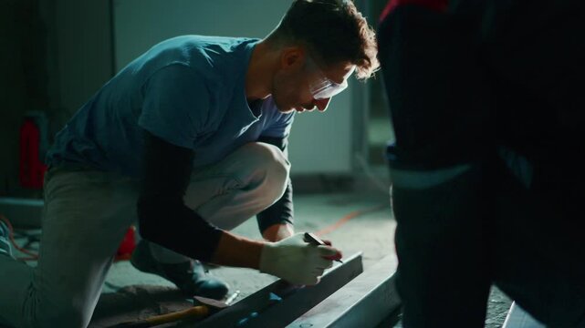 closeup of worker marking and measuring tiles precisely on site, focused image of worker accurately measuring and marking tile arrangement in interior environment