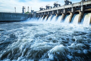 Hydroelectric dam with rushing water and turbines turning.