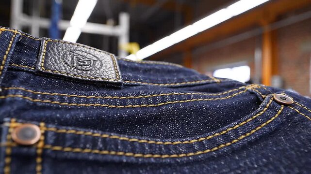 Denim Jeans Back Pocket Detail With Leather Patch and Stitching in Industrial Setting