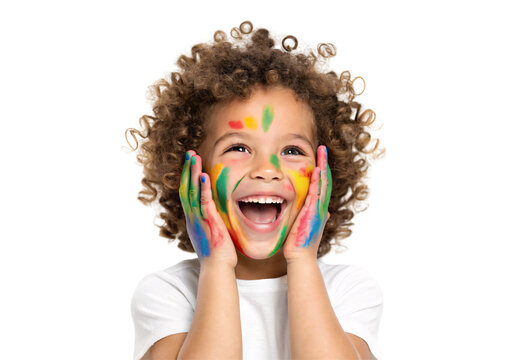 Child curly hair colorful painted hands face excited joyful expression smiling, isolated on a transparent background