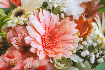 Bouquet of flowers in pink, red and white colors, close up