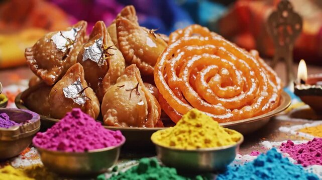 Holi Sweets With Colorful Powder Bowls, Gujiya And Jalebi Piled On Brass Plate, Bright Gulal Pigments And Lit Diyas In Background, Playful Street Festival Mood And Textured Market Setting.