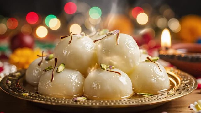 Golden Plate Rasgulla Stack With Soft SyrupSoaked Indian Sweets On Brass Tray, Sparkling Bokeh Lights And Lit Diya In Background, Saffron Strands And Pistachio Garnish, Warm Intimate Festival Table.