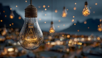 a close-up view of a glowing light bulb with a cityscape in the background, a dreamy and inspiring scene, symbolizing innovation and creativity, a beacon in the night, a visionary concept.
