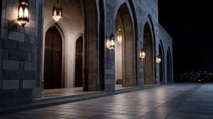 Obraz premium Nighttime Perspective of Glowing Mosque Façade with Elegant Architectural Details