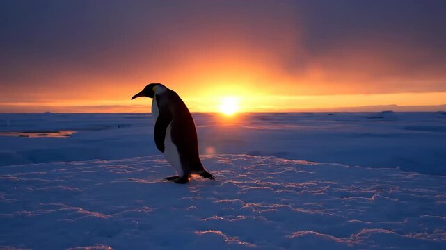 Majestic penguin standing on snow, Antarctica at sunset. Wildlife, animal, nature, landscape, cold, polar, ice