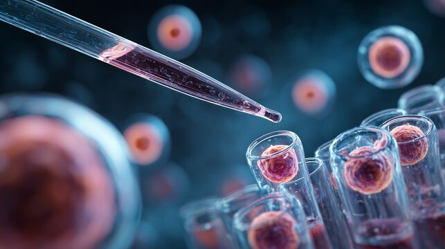 Micropipette manipulating cell in laboratory setting representing cancer immunity medicine concept, immune cell interaction, cell therapy and targeted immunotherapy.