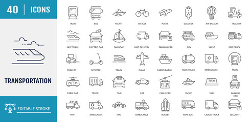Transport icon set. Includes car, bike,plane, train, bicycle, motorbike, bus, scooter, and more. Vector Illustration with editable strokes © Control New