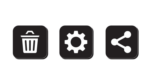 Black and White UI Icons for Delete, Settings, and Share on White Background