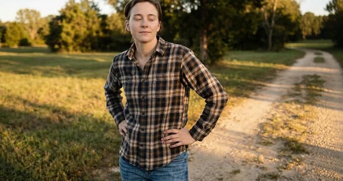Woman in plaid shirt standing outdoors daytime natural light