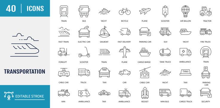 Transport icon set. Includes car, bike,plane, train, bicycle, motorbike, bus, scooter, and more. Vector Illustration with editable strokes