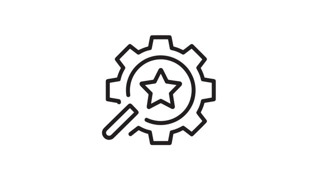 Magnifying Glass with Star Inside Gear Icon, Quality Control Symbol, Black Outline on White Background