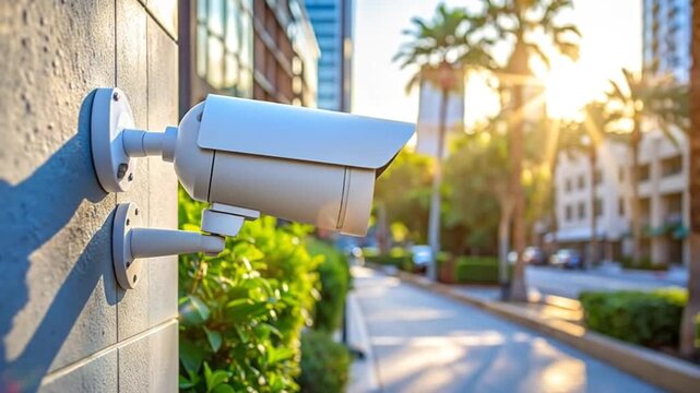 Security camera mounted on a building wall, providing surveillance and monitoring of the surrounding area.