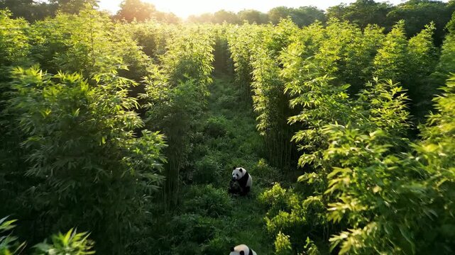 Two pandas walking in a dense hemp field at daytime, cultivating sustainable agriculture in a nature landscape.