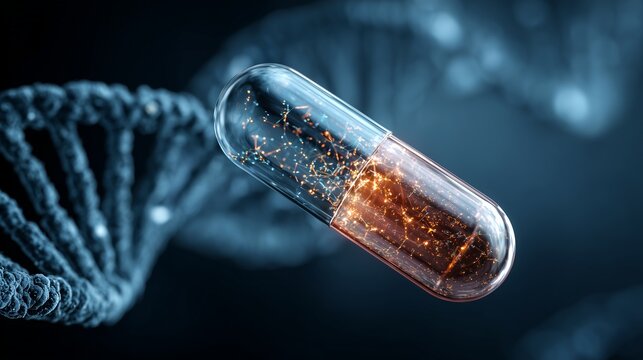 Capsule with nanoparticle, dna helix background representing therapeutic cancer precision medicine and targeted molecular treatment.