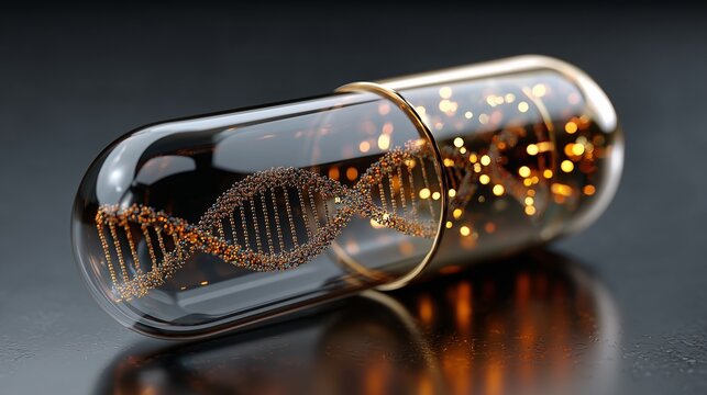 Gene therapy concept, transparent capsule containing a dna helix and glowing nanoparticle elements, representing genetic delivery and molecular medicine.