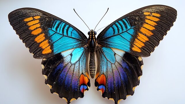 Closeup of butterfly with rich orange yellow red wing spots fuzzy body macro detail insect study