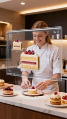 Professional pastry chef decorating a tartlet with a raspberry, reviewing cake design options on a transparent augmented reality display showing virtual cake slices in a modern kitchen setting