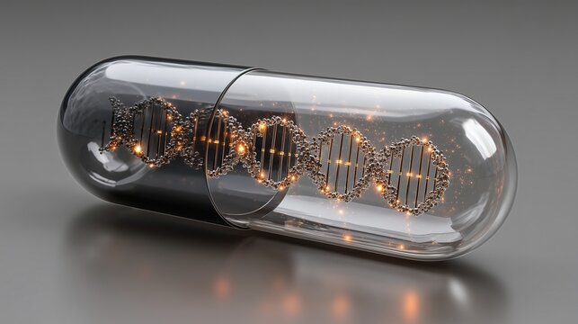 Gene therapy concept showing a transparent capsule containing a glowing dna helix, symbolizing genetic delivery and molecular medicine.