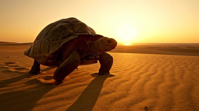 Tortoise walking in sandy desert towards the sunset, animal wildlife photography.