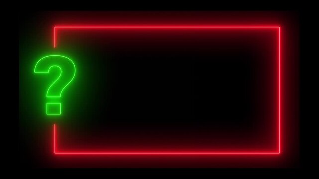 Neon glowing question mark sign along with rectangle frame on black background. Question mark with rectangle frame on glowing neon line on black background.