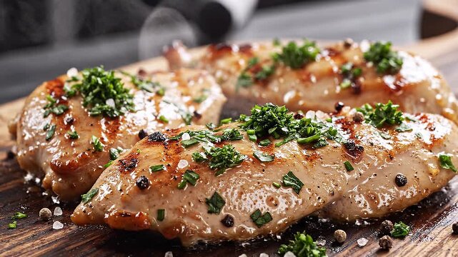 Delicious grilled chicken breast recipe presentation on wooden board