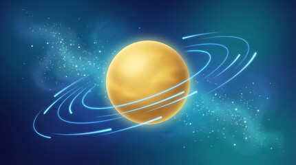 Illuminated Planet with Orbiting Rings in Space Background