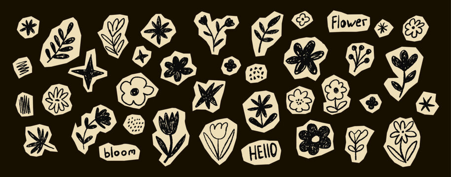 Floral shapes collection with crayon drawn textures. Collage paper drawn flower stickers. Set of scrap book floral elements