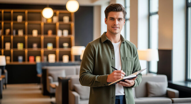 Entrepreneur taking notes in a hotel lobby lounge with bookshelf background, man writing in a notebook for business planning, project briefing, service feedback or travel report entry